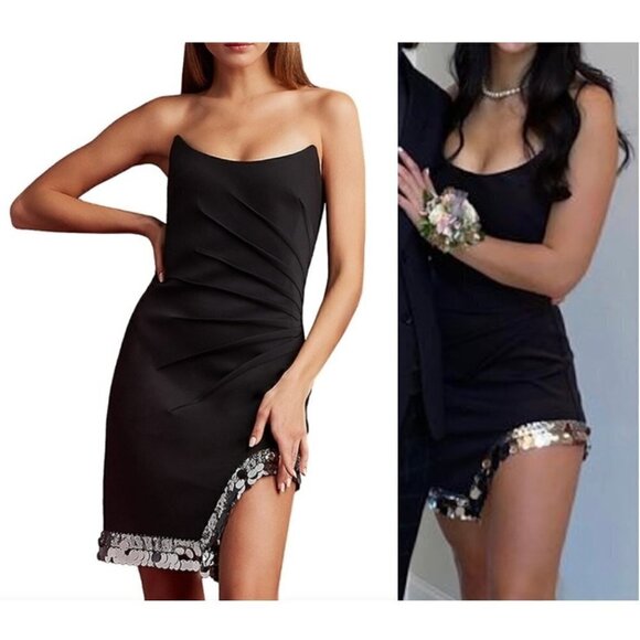 SHO BY TADASHI SHOJI Strapless Spangle Hem Cocktail Dress in Black/ Platinum XXS - Picture 1 of 6